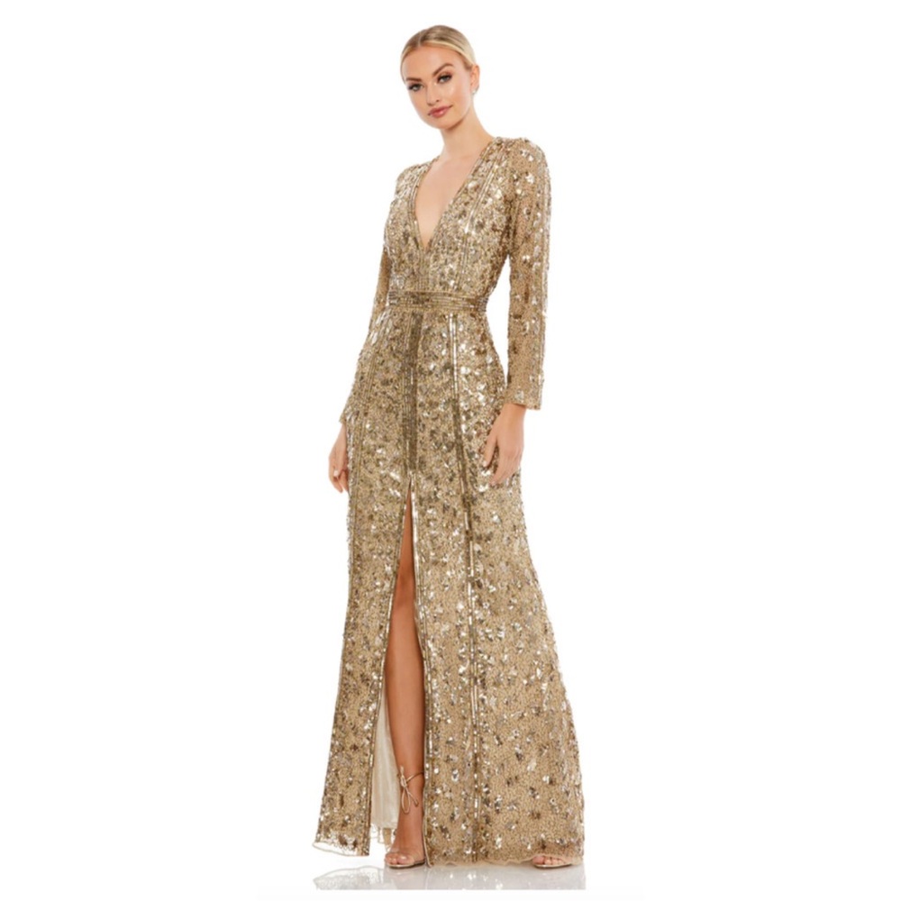 Mac Duggal 5002 Antique Gold Sequin Front Slit Long Sleeve Gown Size 8 NWT